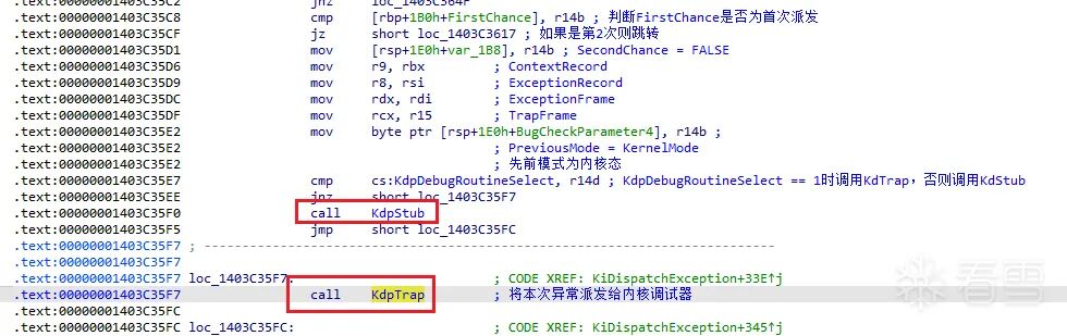 KiDispatchException 中调用 KdTrap 或 KdStub