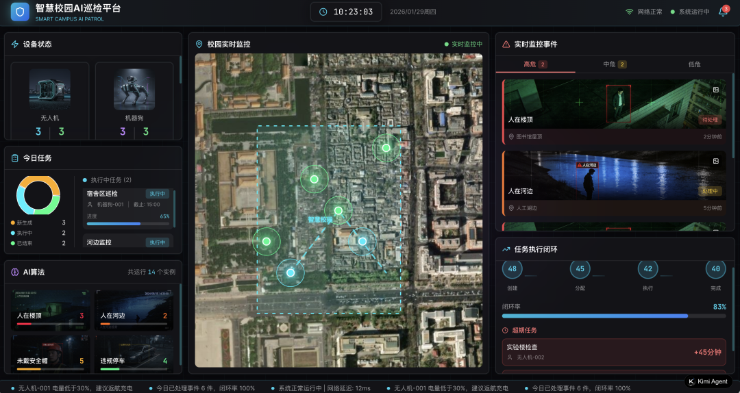 生成的智慧校园AI巡检平台大屏页面效果