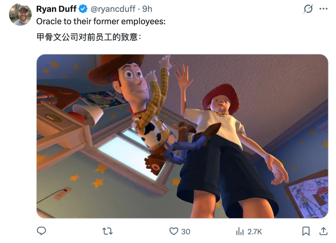推特用户Ryan Duff评论截图：甲骨文对前员工的致意，配图为玩具总动员角色
