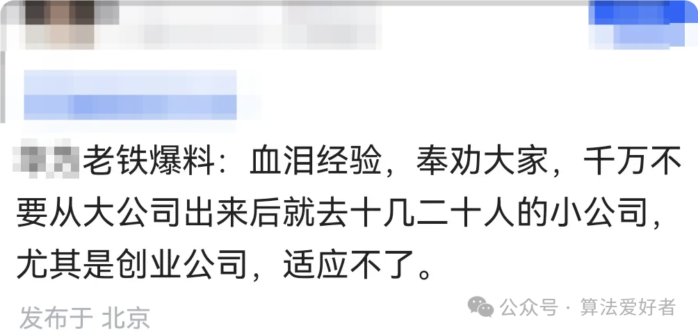 社交媒体用户分享从大厂跳槽到小公司的血泪经验截图