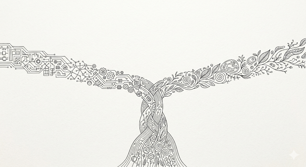 科技与自然交织的抽象树形插画