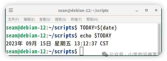 终端示例：使用命令替换将日期赋值给变量