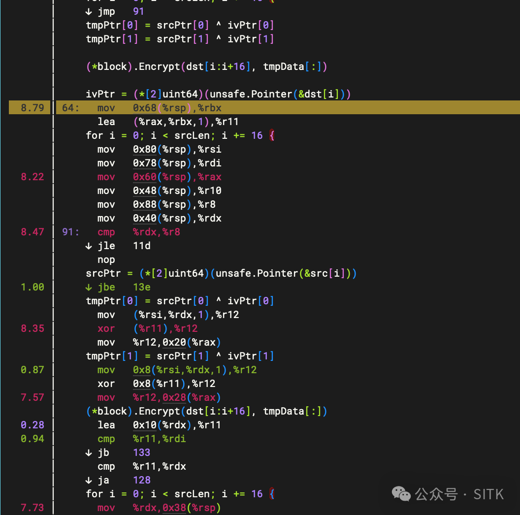 CryptBlocks04 函数汇编热点截图，高亮显示两条mov指令