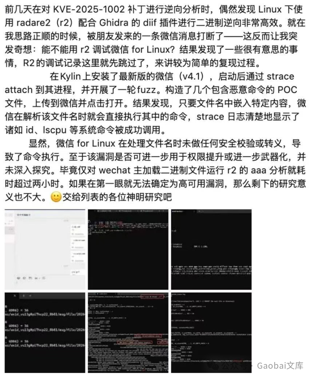 一张技术文章的截图，展示了使用radare2和Ghidra分析微信Linux二进制文件的过程