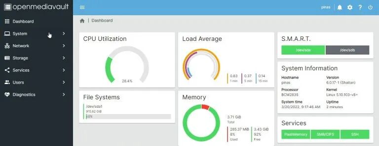 配置后的OMV系统仪表盘
