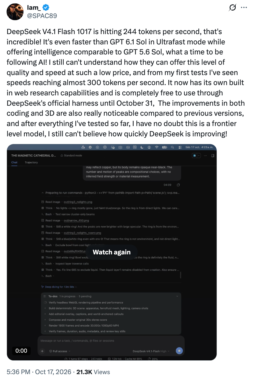 海外用户测试 DeepSeek V4.1 Flash 1017 的推文截图,显示生成速度与聊天界面