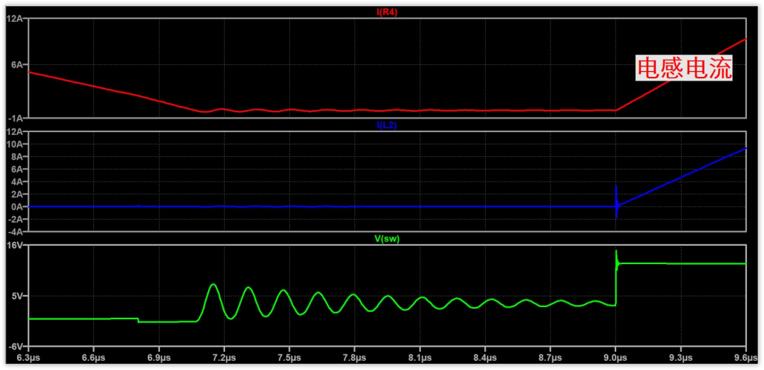 断续模式下，电感电流为零但寄生电感电流不为零的波形