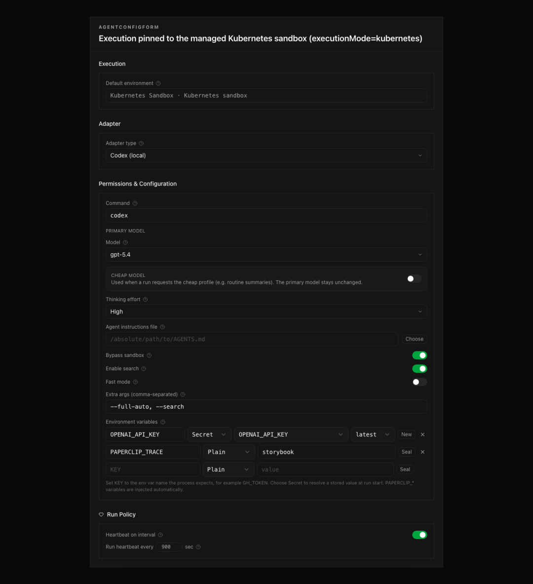Paperclip Agent 配置表单,展示 Execution、Adapter、Model、Permissions 等配置区块