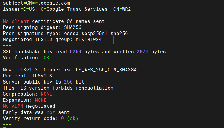 TLS握手过程的详细信息界面,高亮显示已协商的TLS1.3密钥组为MLKEM1024