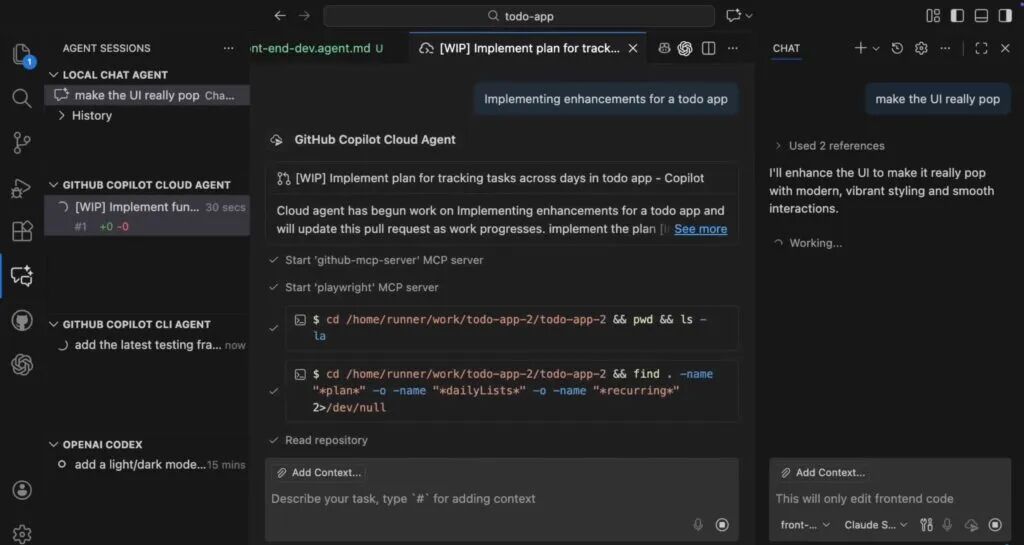 VS Code 中的“代理会话”视图是 Agent HQ 体验的一部分，不过目前该视图默认处于禁用状态。官方视频中的这个示例展示了多个后台代理在本地和云端同时运行的情况。