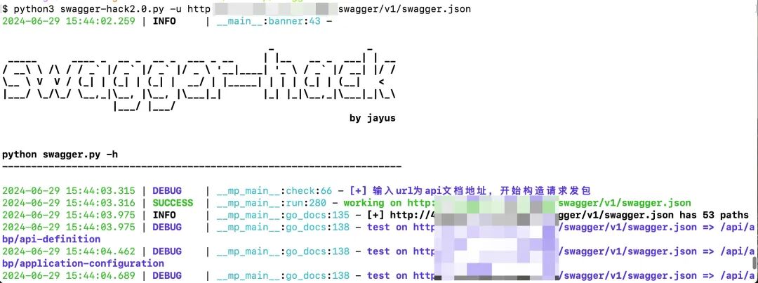 Python脚本执行终端截图，显示正在解析和测试Swagger接口