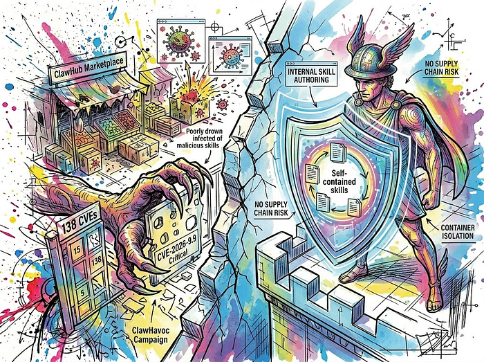 OpenClaw 供应链安全对比图：显示 ClawHub 市场恶意技能、CVE 数量等安全风险
