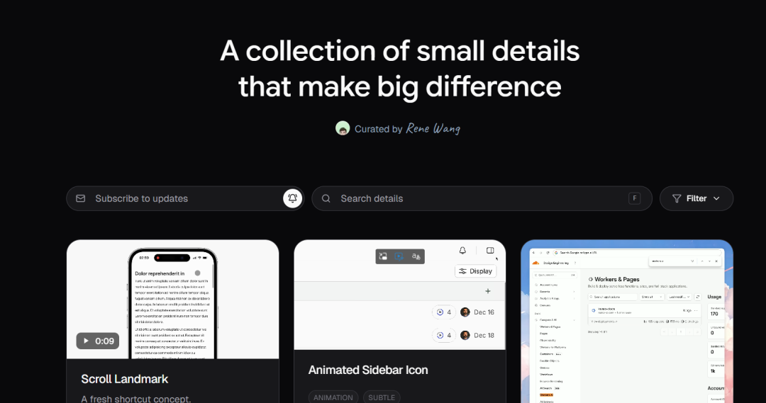 Detail.Design 网站首页截图，展示“Scroll Landmark”、“Animated Sidebar Icon”等设计细节示例