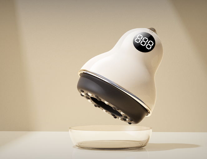 悬浮在玻璃碗上方的白色按摩设备，底部展示黑色滚轮结构