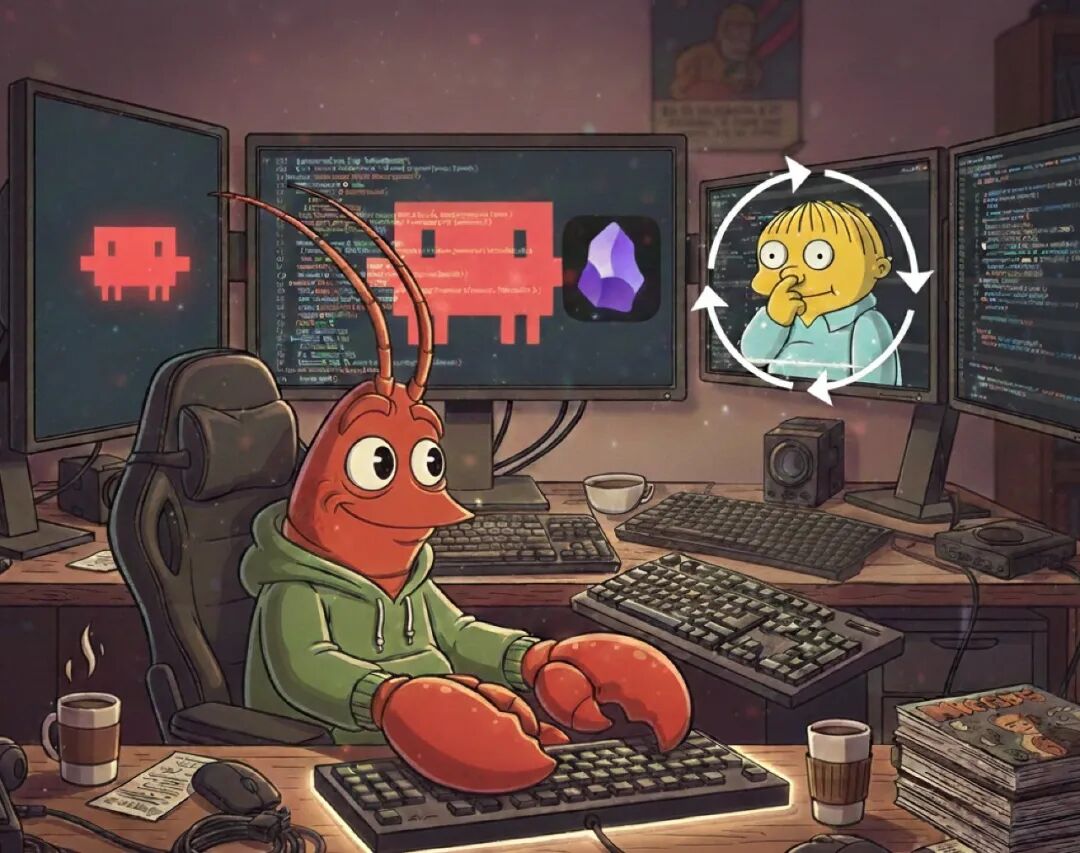 龙虾程序员坐在多屏电脑前的幽默梗图