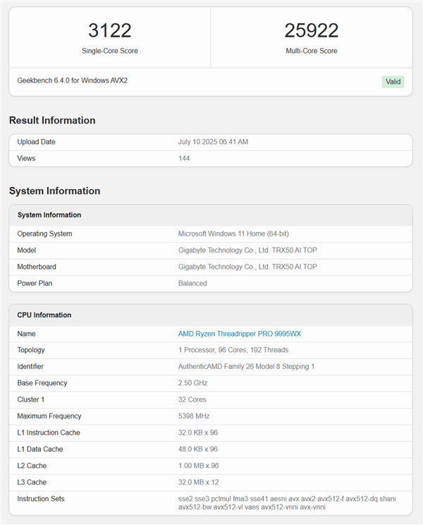 AMD Ryzen Threadripper PRO 9995WX Geekbench 6.4.0跑分截图
