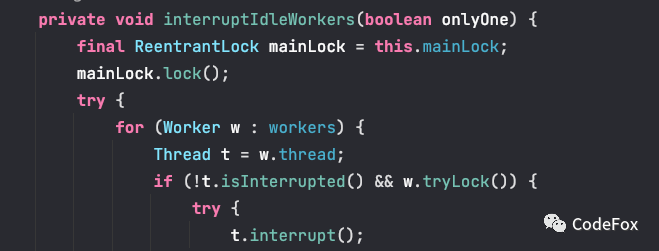 interruptIdleWorkers方法尝试加锁代码截图