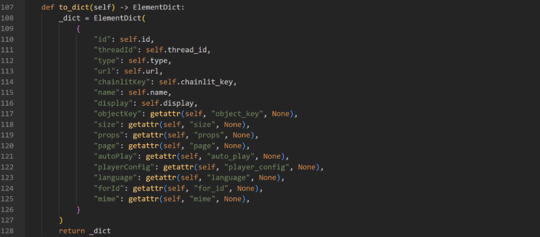 代码编辑器截图，显示 Element 类的 to_dict 方法，构建的字典中包含 chainlitKey。