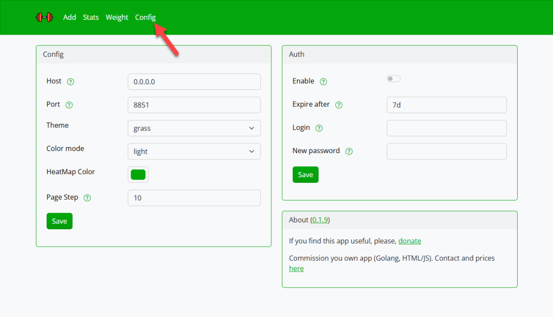 Exercise Diary 配置页面