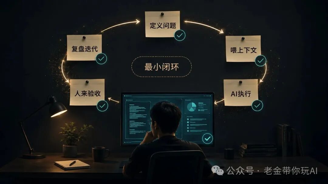 AI工作流最小闭环示意图:定义问题、喂上下文、AI执行、人来验收、复盘迭代