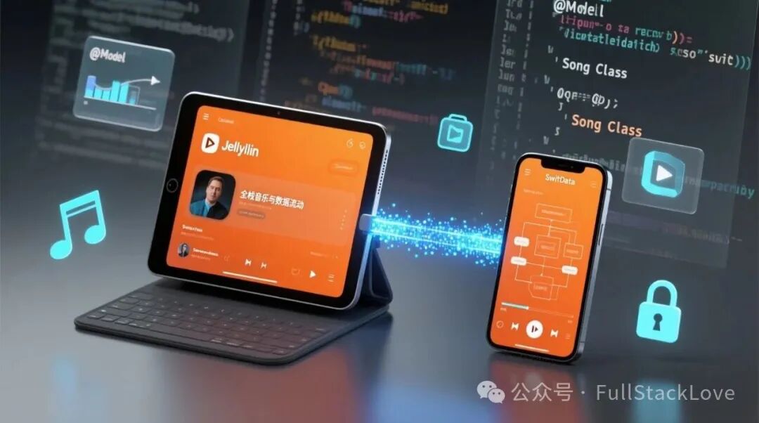 SwiftData模型定义与Jellyfin音乐应用界面示意图