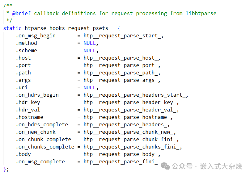 htparse_hooks 回调集合初始化代码截图