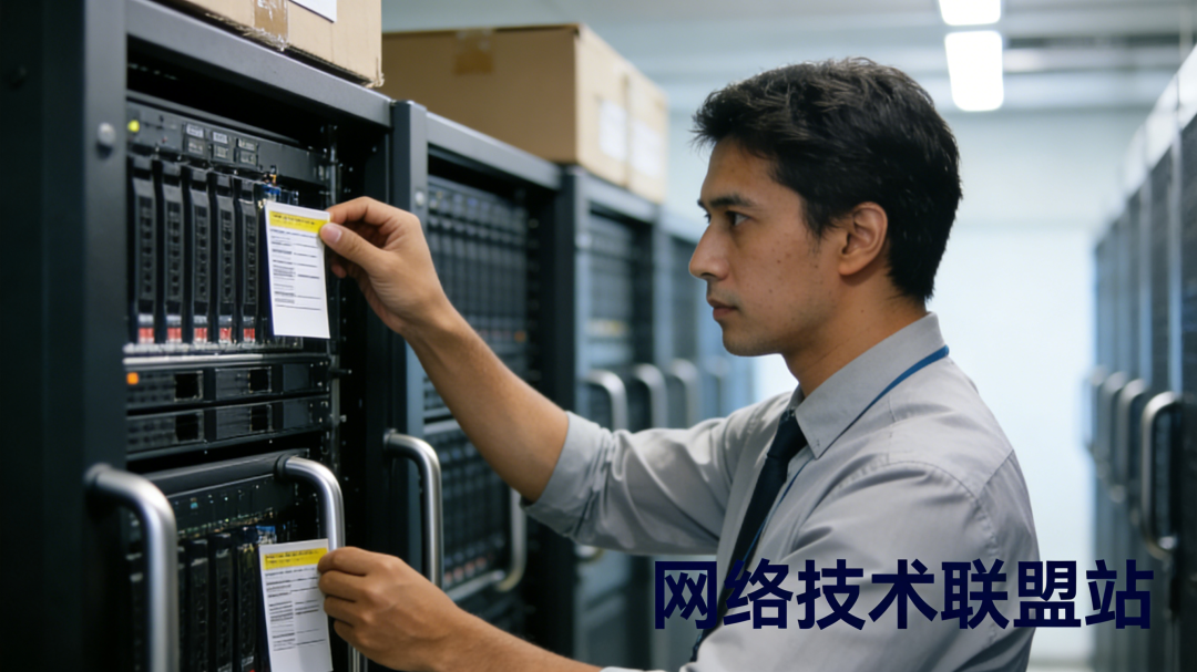 技术人员在机房贴服务器标签