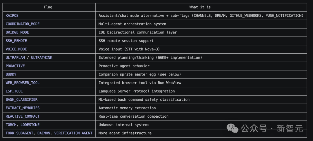 代码中暴露的Flag功能列表表格截图