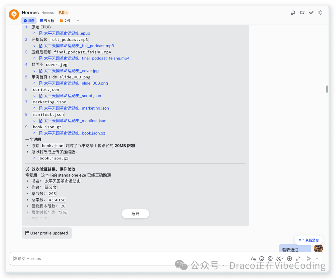 Hermes Agent处理EPUB文件成功后的结果展示