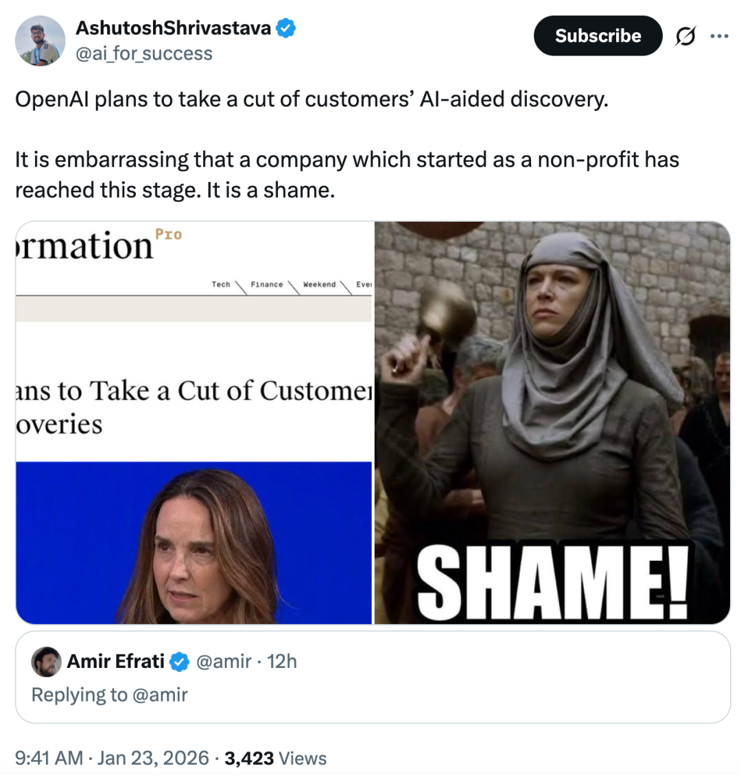 批评OpenAI商业模式变化的推文截图