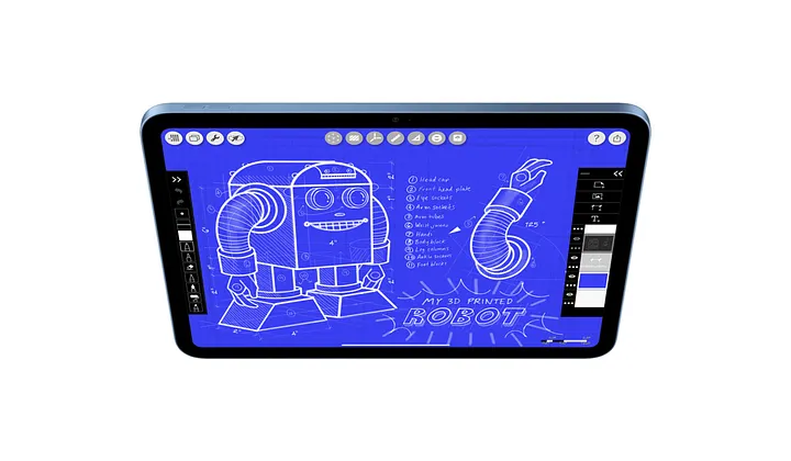 iPad屏幕显示3D机器人设计图