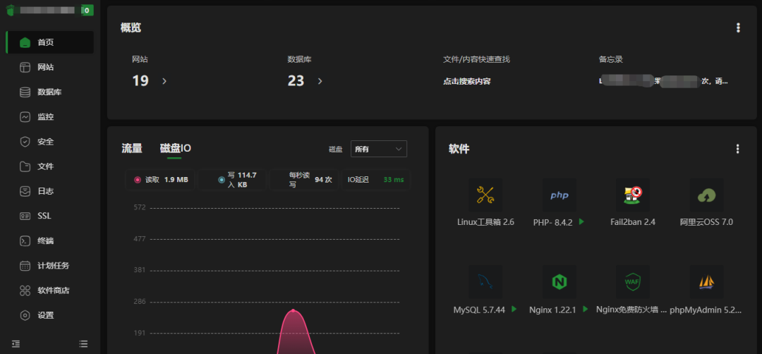 服务器面板概览，显示运行19个网站