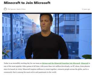微软宣布收购Mojang的公告截图,Minecraft to Join Microsoft