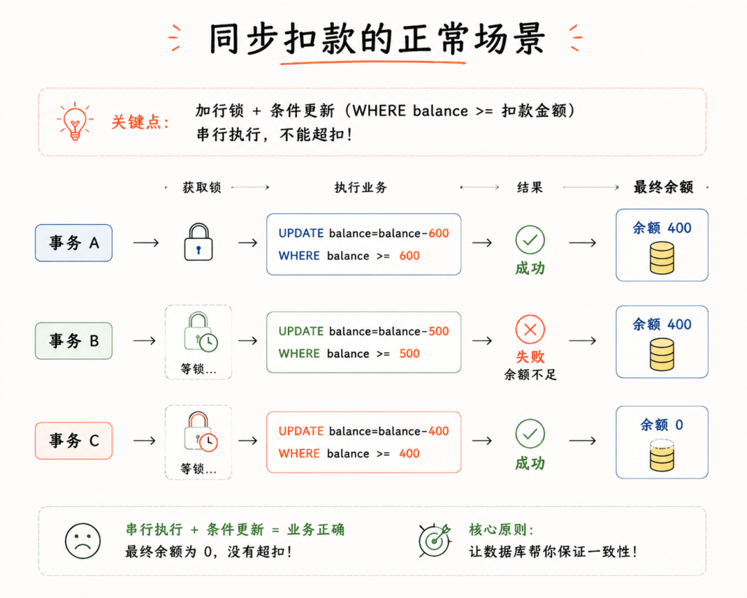 同步扣款通过行锁与条件更新防止超扣流程图