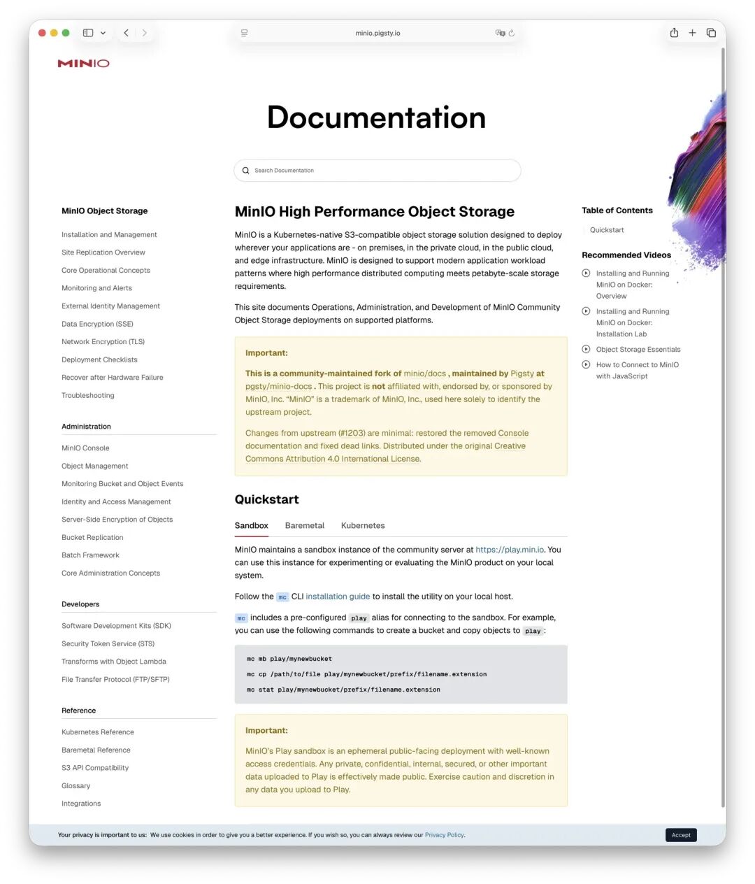 社区维护的MinIO文档站点截图