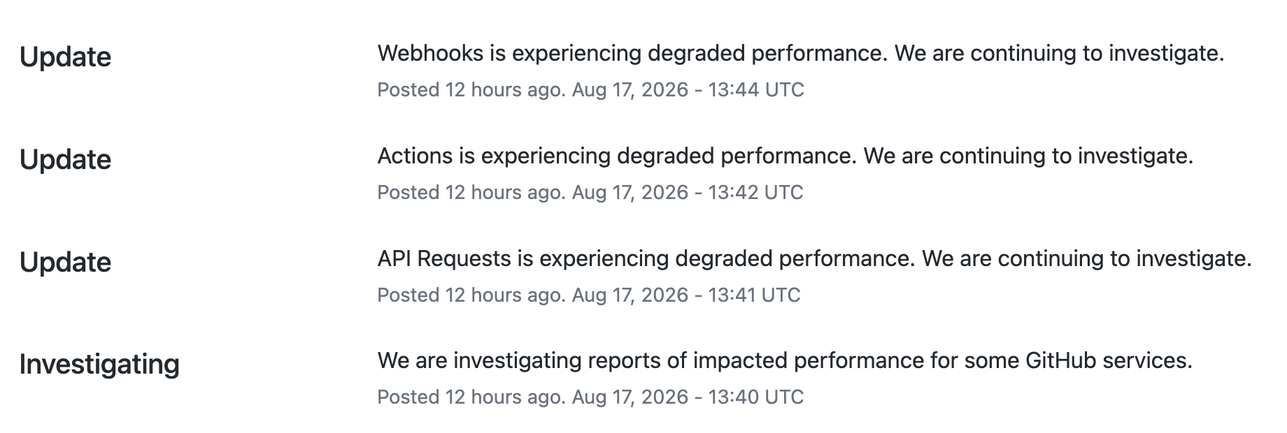 GitHub 服务状态更新显示 Webhooks、Actions、API Requests 性能下降