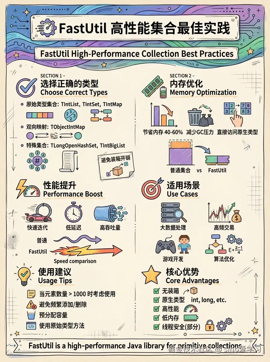 FastUtil高性能集合实践概览图：类型选择、内存优化、性能对比及适用场景