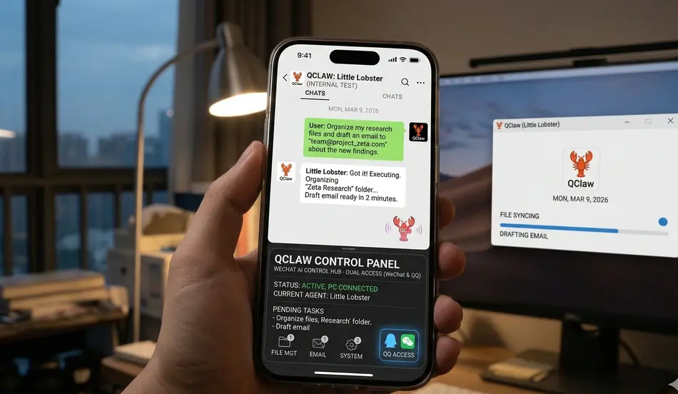 手机通过QClaw操控电脑处理文件和邮件的场景示意图