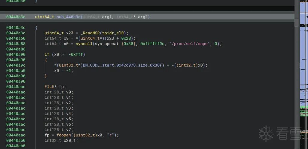 sub_440a3c 中 sys_openat 与 /proc/self/maps 相关代码
