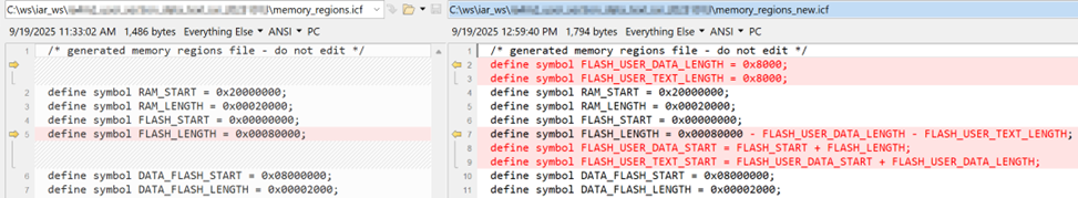 IAR memory_regions_new.icf 自定义Flash段与FLASH_LENGTH修改对比
