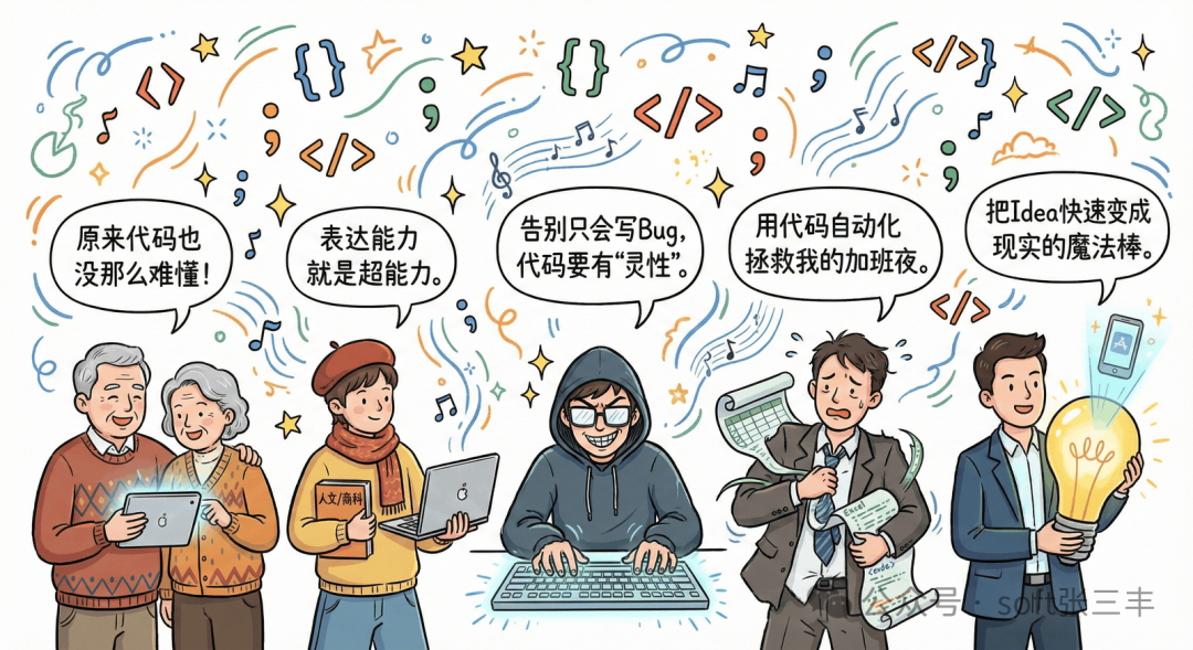描述不同角色对AI编程的积极反馈漫画