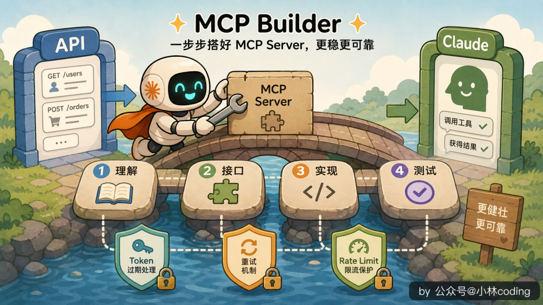 MCP Builder Skill 插画：一步步搭好MCP Server从理解API到实现测试的全流程