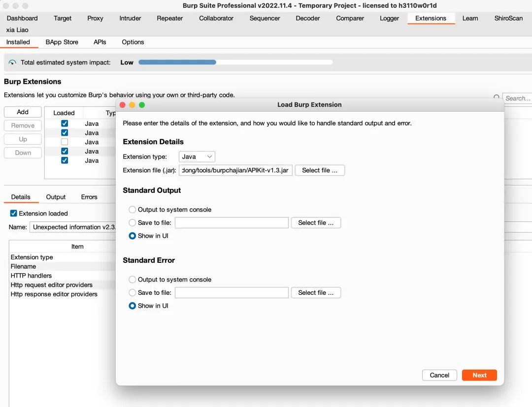 Burp Suite加载扩展界面，正在添加APIKit插件