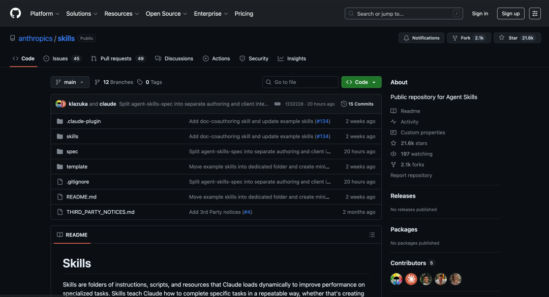 Anthropic官方Skills仓库截图