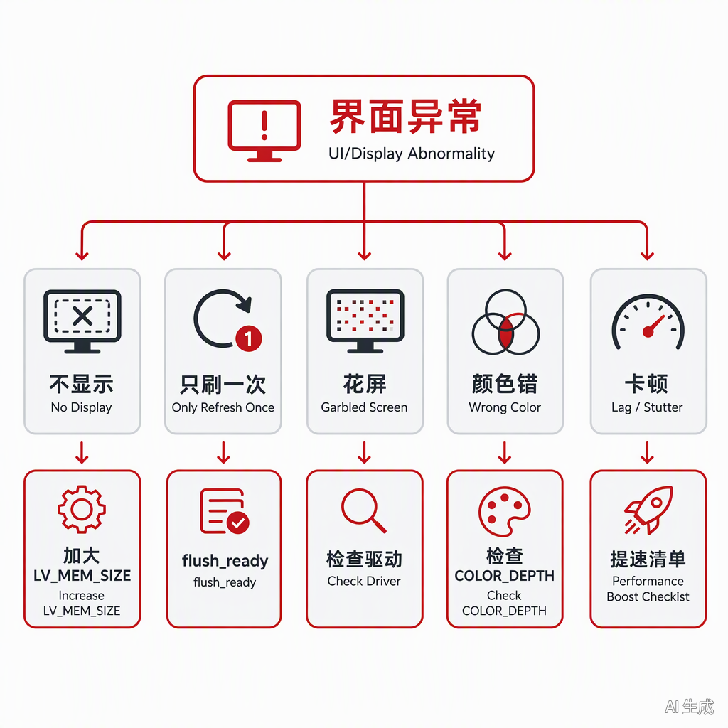LVGL 常见问题诊断决策树:不显示、只刷一次、花屏、颜色错与卡顿对应的排查方向