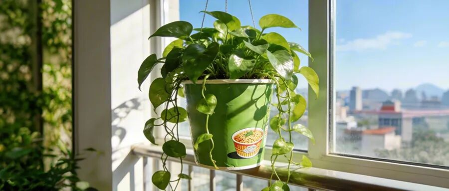 窗台边一盆种在康师傅泡面桶里的茂盛绿萝