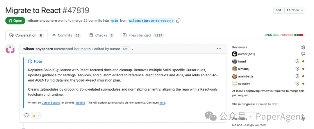 GitHub合并请求“Migrate to React #47819”截图