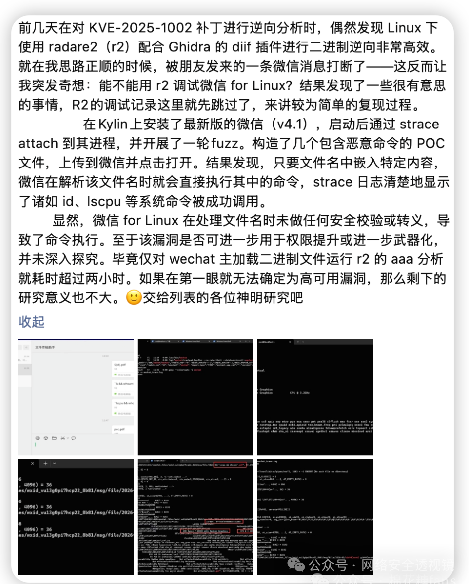 研究人员使用 radare2 等工具分析微信 for Linux 的过程梗图